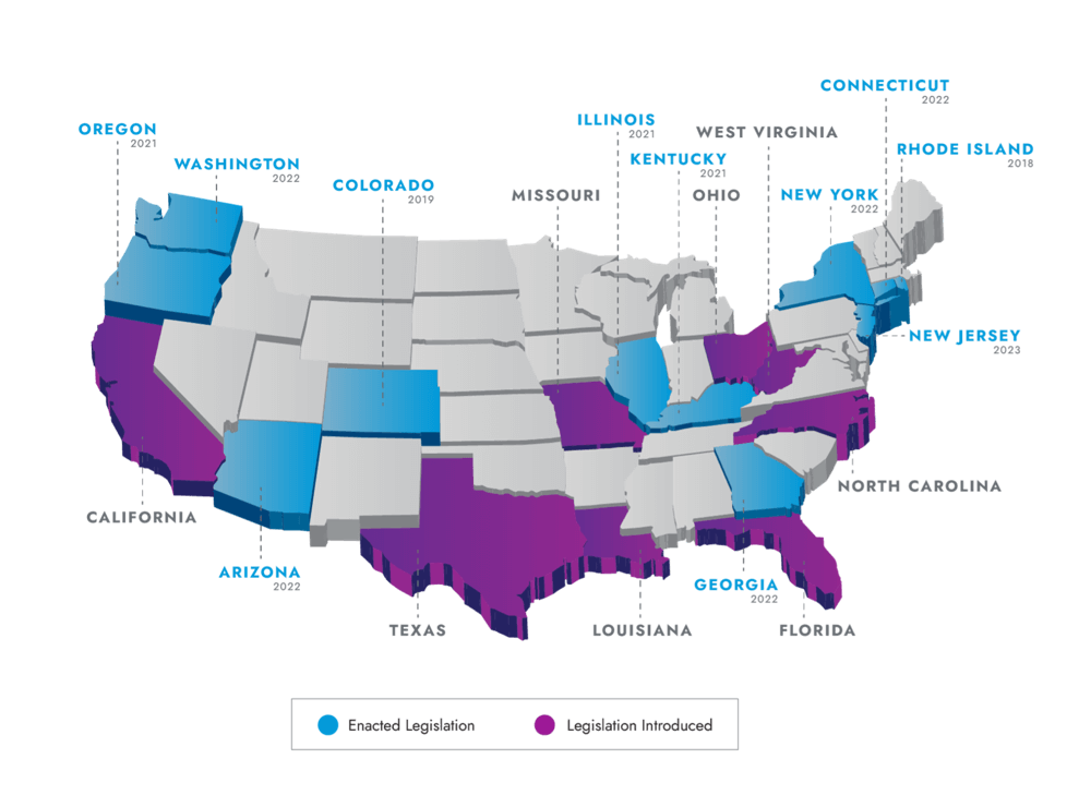 3D map of states that have either passed legislation on surgical smoke or states that are currently legislating for surgical smoke